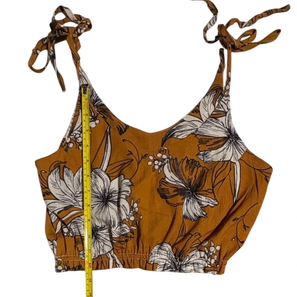 Boho Floral Crop Top Tie Strap Tank Brown White Smocked Summer Small - Picture 6 of 7